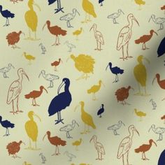 a flock of birds on a white background with blue, red and yellow colors in the middle