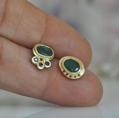 18k Gold Emerald Earrings Blue Sapphire Earrings Emerald | Etsy Rustic Gold Jewelry, Indian Style Earrings, Emerald Earring, Blue Sapphire Earrings, Ruby Earrings Studs, Emerald Green Earrings, Stud Earrings Unique, Natural Stone Earrings, Gold Earrings For Women