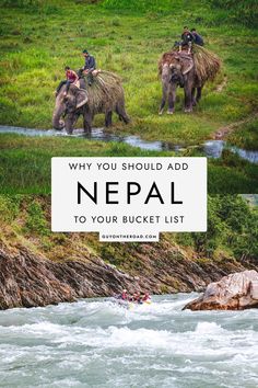 people riding elephants across a river with the words, why you should add nepal to your bucket list