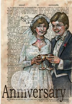 an old newspaper page with a drawing of a bride and groom holding wine glasses in their hands