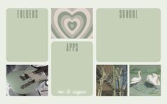 four different pictures with the words, flowers, and hearts on them in green tones