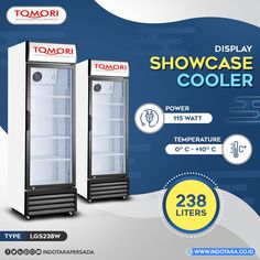 two display showcase coolers are shown in this advertisement