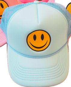 Trendy Light Blue Summer Hat, Casual Smiley Face Hat With Curved Brim, Trendy Blue Hat With Curved Brim, Trendy Light Blue Hat, One Size Fits Most, Trendy Light Blue Beach Hat, Light Blue Snapback Hat For Summer, Cute Adjustable Light Blue Hat, Casual Light Blue Adjustable Trucker Hat, Light Blue Cap One Size Fits Most