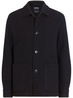 black cashmere-cotton-silk blend jersey texture classic collar long sleeves buttoned cuffs two front patch pockets English rear vents straight hem unlined Chore Jacket, Mens Outerwear, Cotton Silk, Outerwear Jackets, Shirt Jacket, Fashion Branding, Top Brands, Cashmere, Long Sleeves