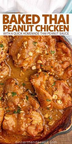 baked thai peanut chicken in a skillet on a wooden table with text overlay