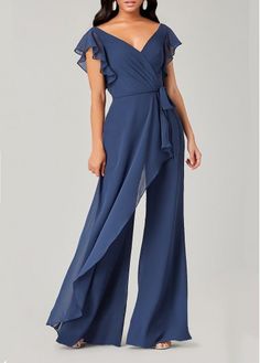 Color:Blue;Size:S;Size:M;Size:L;Size:XL;Size:XXL;Composition:95% Polyester, 5% Spandex;Season:Summer;Decoration:Tie;Color Scheme:Blue;Fit Type:Flare;Sleeve&apos;s Length:Short Sleeve;Pattern Type:Solid;Neckline:V Neck;Clothing Length:Ankle Length;Washing Instructions:Hand Wash /Machine Washable;Package Contents:1 X Jumpsuit;Occasion:Party;Style:Elegant; Bridesmaids Jumpsuits, Chiffon Jumpsuit, Simply Dresses, Formal Jumpsuit, Evening Jumpsuit, Blue Jumpsuit, Wedding Jumpsuit, Jumpsuit Elegant, Cheap Bridesmaid Dresses