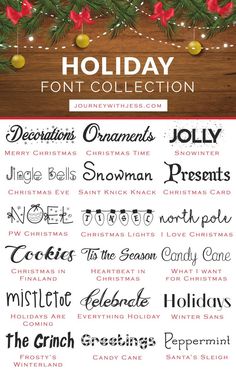 the holiday font collection is displayed on a wooden background with christmas decorations and lights around it