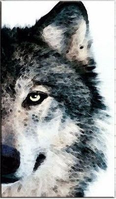 a wolf's face with yellow eyes and black fur is shown in this artistic photo