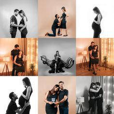 a couple is posing for pictures together in their black and white photoshoots at home