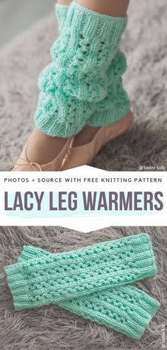 the legs and leg warmers are knitted in green yarn with text that reads lace leg warmers free knitting pattern