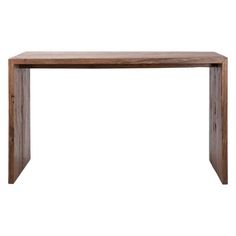 a wooden table with metal legs on a white background