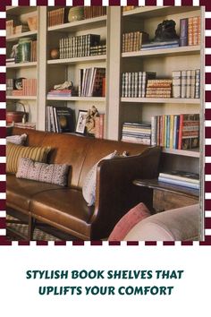 a living room with bookshelves and couches next to each other on the wall