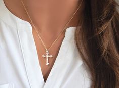 "CROSS NECKLACE FOR WOMEN - CHRISTIAN NECKLACE This Cross Necklace is made from 14K gold filled or sterling silver and comes with your choice of three different chains. Description: ✦ Your choice of 14K Gold Filled or Sterling Silver Chains ✦ Gold Filled or Sterling Silver Cross - 27mm x 15.5mm  ✦ Necklace is shown at 17\"  WHY YOU'LL LOVE IT * Because handmade = made with love, care, and thought. * Ethically Sourced * Comes beautifully gift boxed * Crafted with care from sunny South Florida.  HAPPINESS GUARANTEE: We stand by our jewelry and want you to love it too! GIFTS 🎁 All orders are sent packaged in a jewelry box - ready to be gifted! Upon request, we can also include a note card with your own personal message. * In an effort to be greener and to keep shipping costs down, your order White Cross Necklace For Baptism, Classic Cross Jewelry For Baptism, Spiritual Cross Pendant For Wedding, Classic Crucifix Jewelry For First Communion, Elegant Personalized Cross Jewelry, Elegant Personalized Cross Necklace For Anniversary, Classic Gold Jewelry For Baptism, White Cross Pendant Necklace For Baptism, Classic Cross Pendant Jewelry For First Communion