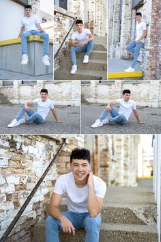 a young man sitting on steps with his hands in his pockets and smiling at the camera