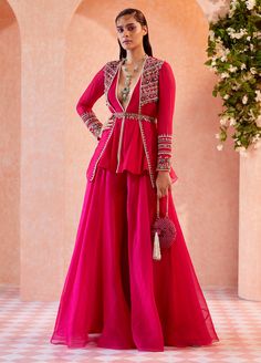 Sharara And Jacket, Jacket Style Dresses Indian, Peplum Sharara, Choli Pattern, Organza Sharara, Georgette Jacket, Organza Overlay, Ridhi Mehra, Trendy Outfits Indian