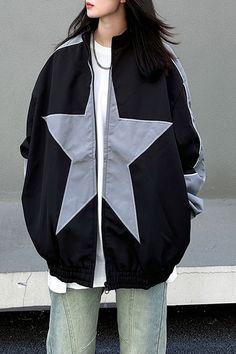 Star Girl Bomber Jacket Funky Jackets, Baggy Jacket, Star Jacket, Downtown Girl Aesthetic, Artsy Outfit, Cottagecore Outfits, Cute Star, Crop Top Dress, Aesthetic Shirts