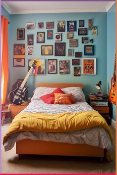 a bed room with a neatly made bed and lots of pictures on the wall