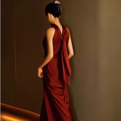 Olivia Mark - Burgundy Bridal Engagement Banquet Return Door Long Hanging Neck Evening Party Bridesmaid Dress Morning Robe Qipao Pattern, Wedding Cheongsam, Chinese Fancy Dress, Red Qipao, Modern Qipao, Dark Red Dresses, Princess Skirt, Qipao Dress, Burgundy Bridesmaid Dresses