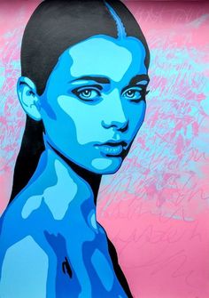 a painting of a woman's face on a pink and blue background