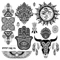 the sun, moon and hamsa symbols are drawn in black ink on white paper