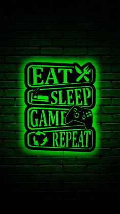 a neon sign that says eat sleep game repeat