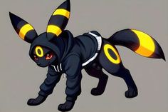 a black cat with yellow and black stripes on it's body is running in the air