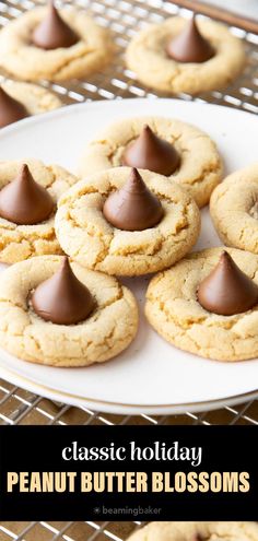 peanut butter blossom cookies on a white plate with chocolate frosting in the middle and text overlay reading classic holiday peanut butter blossoms