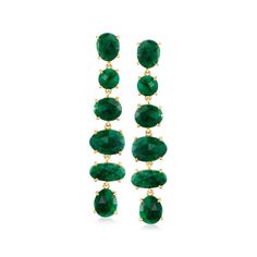 Ross-Simons - 39.00 ct. t. w. Emerald Linear Drop Earrings in 18kt Gold Over Sterling. Elegant and verdant. Various sized round and oval emeralds totaling 39.00 carats descend in these linear drop earrings. Set in gleaming polished 18kt yellow gold over sterling silver. Hanging length is 2 5/8". Post/clutch, emerald drop earrings. Emerald birthstones are the perfect gift for May birthdays. Green Linear Drop Earrings For Formal Occasions, Luxury May Birthstone Earrings For Formal Occasions, Elegant Faceted Earrings For May Birthstone, Emerald Drop Earrings, Emerald Earrings Drop, Emerald Birthstone, Earrings Emerald, Fine Jewelery, Emerald Color