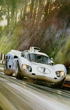 a painting of a race car driving down the road