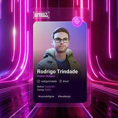 the id card is designed to look like a man with glasses and a beard in front of purple neon lights