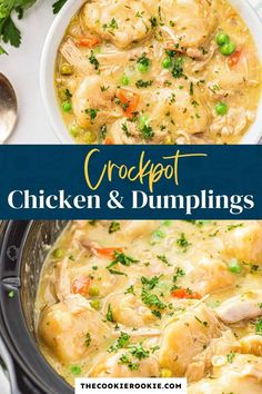 crockpot chicken and dumplings in a slow cooker with text overlay