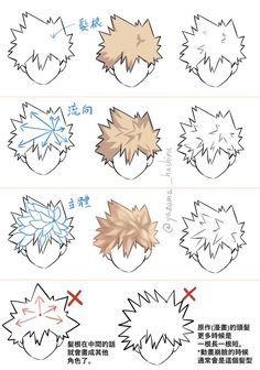 an anime character's hair is shown with different colors and shapes, including red, white