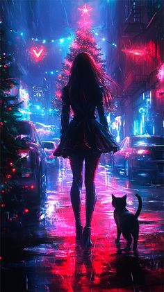 a woman is walking down the street in the rain with an umbrella and a cat