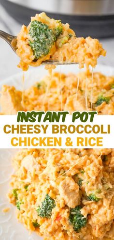 instant pot cheesy broccoli chicken and rice on a white plate with a spoon