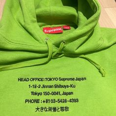 Supreme Sweatshirt Lime Green Hoodie Never Worn Features: Hoodie, Headquarter Info, Kangaroo Pocket Hoodie Season Fleece Machine Wash Green Sporty Hoodie With Embroidered Logo, Sporty Green Hoodie With Embroidered Logo, Green Hooded Sweatshirt With Embroidered Logo, Green Sweatshirt With Embroidered Logo For Streetwear, Green Sweatshirt With Kangaroo Pocket For Streetwear, Green Branded Sweatshirt For Winter, Supreme Sweatshirt, Supreme Sweater, Hoodie Season