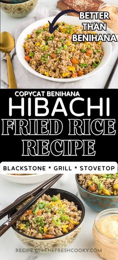 the recipe for hibach fried rice is shown in two bowls and with chopsticks