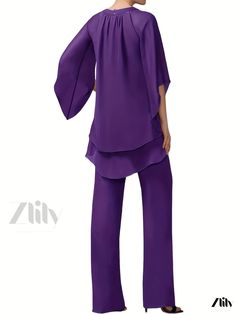 Zlily - Stylish Two-Piece Set: Sophisticated Layered Ruched Keyhole Tops & Long Length Wide Leg Pants Ensemble, Womens Fashion Wear Elegant Stretch Pant Set For Spring, Chic Sets With Solid Color Long Pants, Chic Solid Color Pant Set For Party, Chic Solid Color Sets With Long Pants, Elegant Stretch Purple Pants, Elegant Stretch Sets With Long Pants, Elegant Purple Pants For Summer, Elegant Purple Summer Pants, Keyhole Top