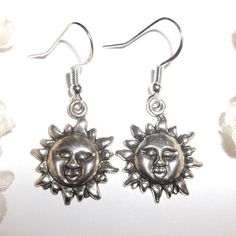 Silver Earring Sun Sunshine Sunburst Dangle Drop Gift Idea For Her Woman C524 This Costume Jewelry Earring Set Is Brand New And Handmade By Me - Wvluckygirl. Handcrafted With Antiqued Dark Silver Toned Sun Charms That Have A Face. The Pair Dangle And Drop From 925 Sterling Silver Lever Backs For Her Pierced Ears. Measure 1 1/2 Inches Tall And 3/4 Inch Wide. Each Single Earring Weighs 2.0 Grams. Lightweight! Buy Them Now Before Someone Else Does! Dangly Dangling Hanging Fashion Accessory Boho Chi Silver Jewelry For Everyday Summer Wear, Silver Pierced Jewelry For Summer, Silver Sun Design Earrings, Everyday Summer Silver Jewelry, Silver Sun Design Jewelry For Summer, Silver Jewelry With Sun Design For Summer, Silver Dangle Earrings With Sun Design, Silver Sun Design Dangle Earrings, Silver Sun Design Earrings As Gift