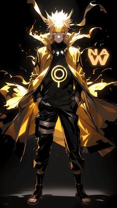 an anime character standing in front of a black background with yellow and red flames on it