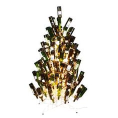 a wine bottle chandelier made out of bottles on a white background with the lights turned on