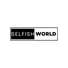 the selfish world logo is shown in black and white, with an orange stripe across it