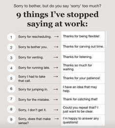 an info sheet with the words 9 things i've stopped saying at work