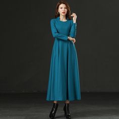 FEATURES Wool blend 25% wool, other fiber,nylon Polyester lining Back zipper closure Long sleeve Fit and flare Regular fit Mid calf Perfect for winter, autumn More color SIZE Available in sizes XS-XL How to choose size ? 1.Check your body measurement with instructions https://www.etsy.com/listing/794054080 2.Get your size in Size Chart with your body measurement https://www.etsy.com/listing/794055682 3.Send me your measurement if you need help Bust Waist Hips Your over all Height Weight Bra size Long Blue Winter Dress, Wool Long Sleeve Midi Dress For Fall, Wool Midi Dress With Long Sleeves For Fall, Fall Long Sleeve Wool Midi Dress, Fall Wool Midi Dress With Long Sleeves, Winter A-line Maxi Dress, Long Sleeve Wool Dresses For Fall, Wool Long Sleeve Midi Dress For Spring, Solid Color A-line Long Sleeve Winter Dress