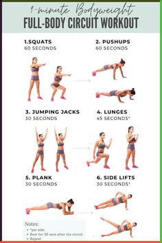 a woman doing the full body circuit workout with her arms and legs in different positions