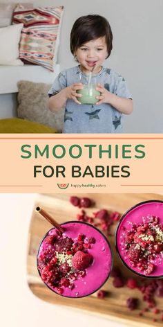 two glasses filled with smoothies on top of a wooden tray