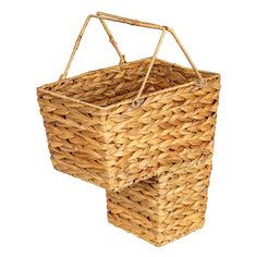 an empty wicker basket hanging from the ceiling