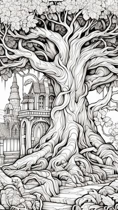 an ink drawing of a tree with a castle in the background and lots of trees around it