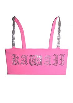 This top is made out of stretchy spandex fabric. With rhinestone straps and rhinestone letters. Wrist bands are included with the top. The model is wearing a size: SMALL SIZE CHART: US SIZE Hollister Clothes, 2000s Girl, Rave Fits, Rhinestone Top, Rhinestone Letters, Tokyo Street Style, Fashion Inspiration Board, Tokyo Street, Y2k Pink