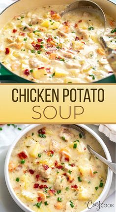 chicken potato soup in a white bowl with a spoon on the side and an image of