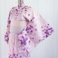 Japanese Yukata Kimono - Pink and Purple Lilac in Pink Traditional Pink Kimono For Spring, Pink Kimono For Spring Wedding, Spring Wedding Pink Kimono, Pink Kimono For Tea Ceremony, Pink Kimono With Kimono Sleeves For Tea Ceremony, Traditional Pink Kimono For Wedding, Traditional Pink Wedding Kimono, Traditional Pink Summer Kimono, Spring Purple Floral Print Kimono